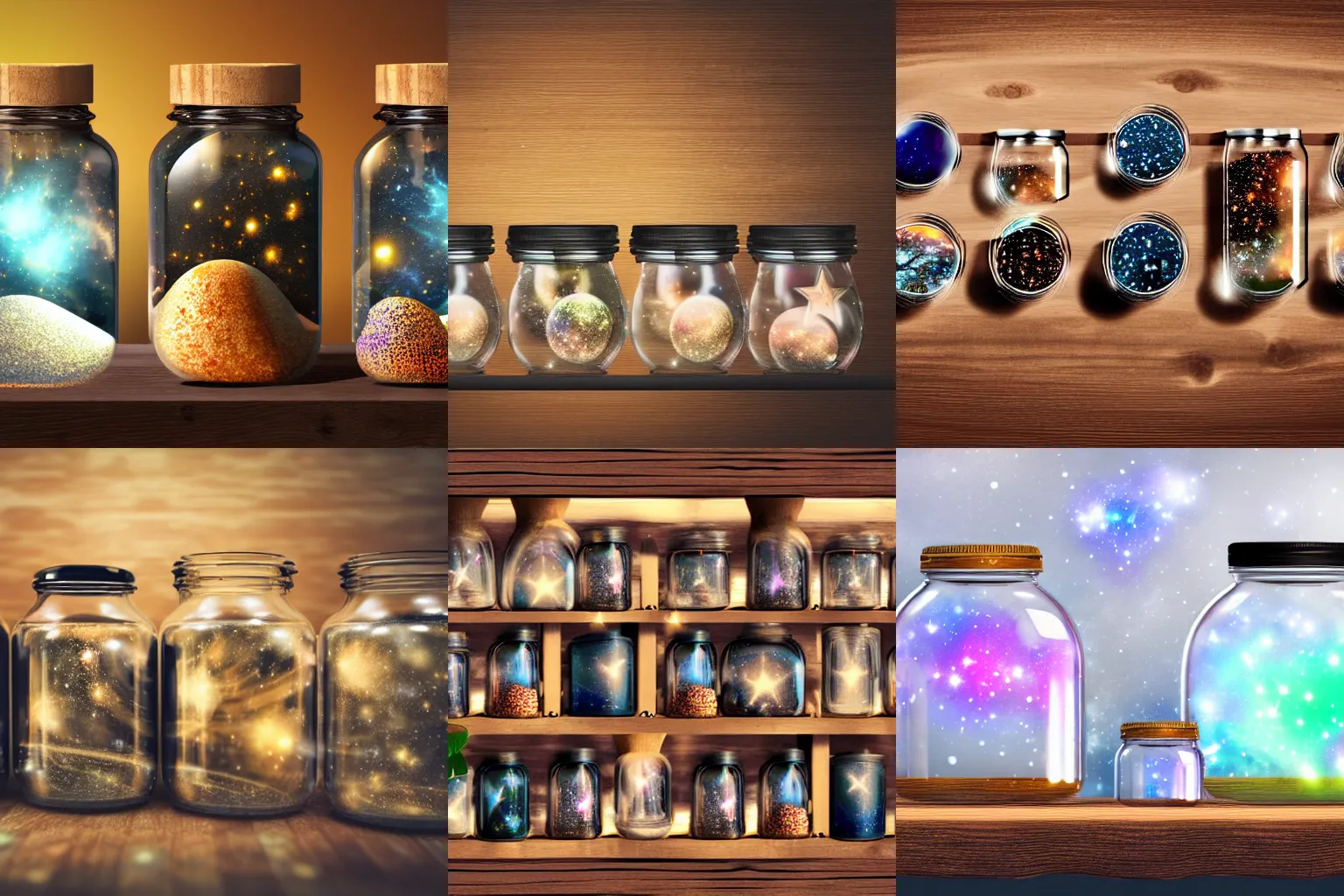 Prompt: keeping multiple universes in jars on a wooden shelf, 4 k, photorealistic, galaxies, stars in jars, glowing jars