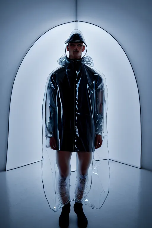 Image similar to an ultra high definition professional high fashion portrait studio full length photograph of a male model wearing a transparent pearlescent raincoat and neon visor laying down on the floor of an icelandic black rock environment at dawn. no artefacts. extremely detailed. stark. refraction. shallow depth of field. volumetric light and shadow. ray tracing. light rays.