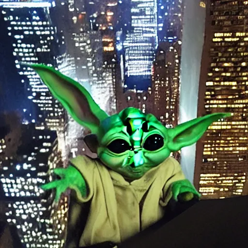 Prompt: baby yoda on top of a skyscraper in New York city at night, looking down