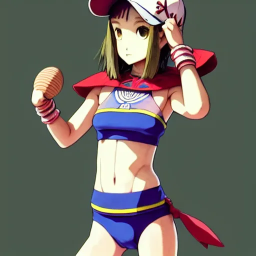 Image similar to beautiful boyish natalie portman gravure model in majora's mask, wearing wooden mask and baseball cap and leotard, street wear with subtle mayan patterns, aztec bathing suit, gapmoe yandere grimdark, trending on pixiv fanbox, painted by greg rutkowski makoto shinkai takashi takeuchi studio ghibli, akihiko yoshida