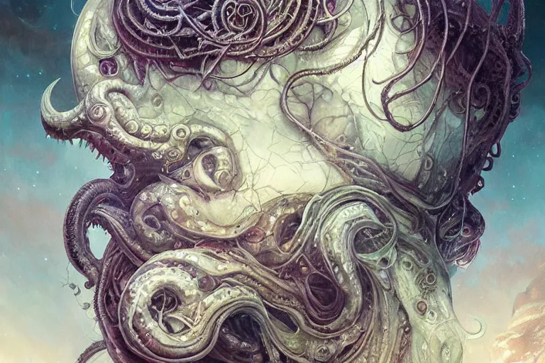 Image similar to a lovecraftian painting of cthulhu face of cosmic horror, cosmic horror elements, ultra realistic, concept art, intricate details, eerie, highly detailed, photorealistic, octane render, 8 k, unreal engine. art by artgerm and greg rutkowski and alphonse mucha