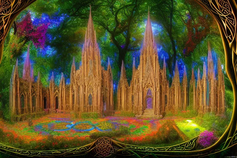 Prompt: a beautiful and highly detailed digital painting of an elven cathedral in a beautiful garden in a mystical forest, psychedelic colors, celtic, intricate psychedelic patterns, intricate details, epic scale, insanely complex, cgsociety, 8 k, sharp focus, hyperrealism, by alex grey, caspar friedrich, albert bierstadt, james gurney, brian froud,