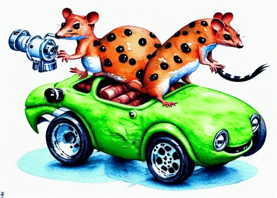 Image similar to cute and funny, quoll riding in a tiny hot rod with oversized engine, ratfink style by ed roth, centered award winning watercolor pen illustration, isometric illustration by chihiro iwasaki, edited by range murata, tiny details by artgerm and watercolor girl, symmetrically isometrically centered