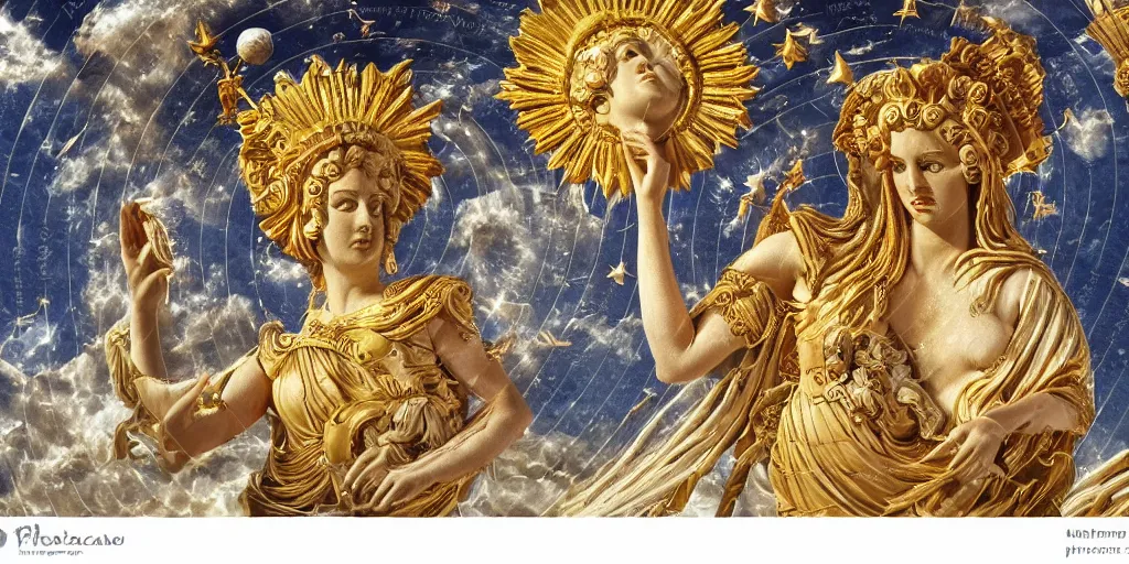 Image similar to majestic neorococo sistina saint Woman Venus godness Athena beautiful gracious pagans marble and gold in space stars clouds doves suns greeks Hyperion