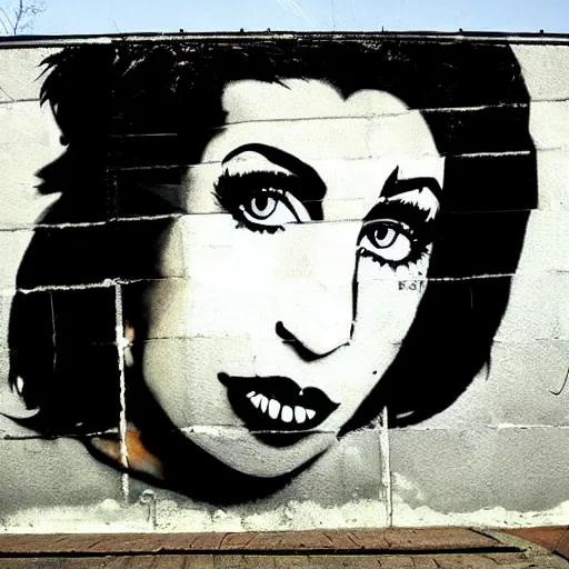 Prompt: Street-art portrait of amy winehouse in style of Banksy, photorealism