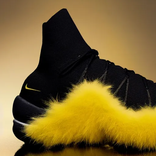 Prompt: nike model shoe made of very fluffy yellow and black faux fur placed on reflective surface, sonic colors professional advertising, overhead lighting, heavy detail, realistic by nate vanhook, mark miner