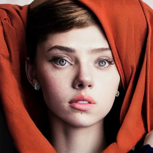 Prompt: dramtically lit, high quality studio photo of a girl who looks like 16-year old Audrey Hepburn and Scarlett Johansson, with parted lips and stunning, anxious eyes, wearing a shawl, by Steve McCurry