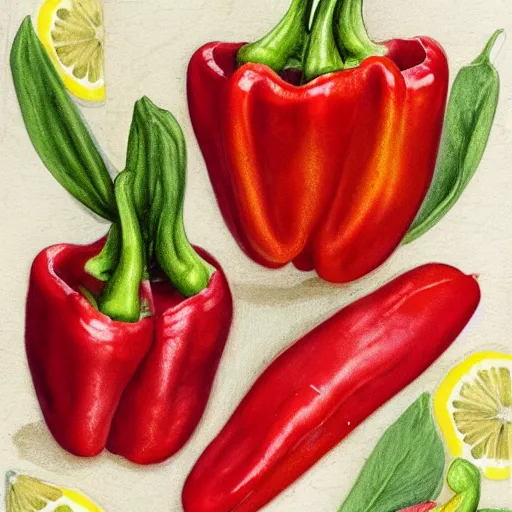 Prompt: red peppers and lemon slices, botanical illustration