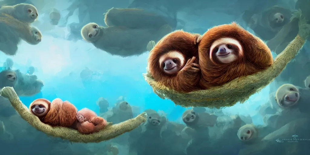 Image similar to Floating cute Baby sloths over a blue sea, Darek Zabrocki, Karlkka, Jayison Devadas, Phuoc Quan, trending on Artstation, 8K, ultra wide angle, pincushion lens effect