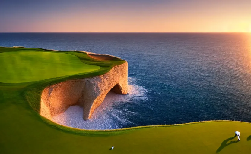 Prompt: a great photograph of the most amazing golf hole in the world, cliffs by the sea, perfect green fairway, human perspective, ambient light, 5 0 mm, golf digest, top 1 0 0, golden hour