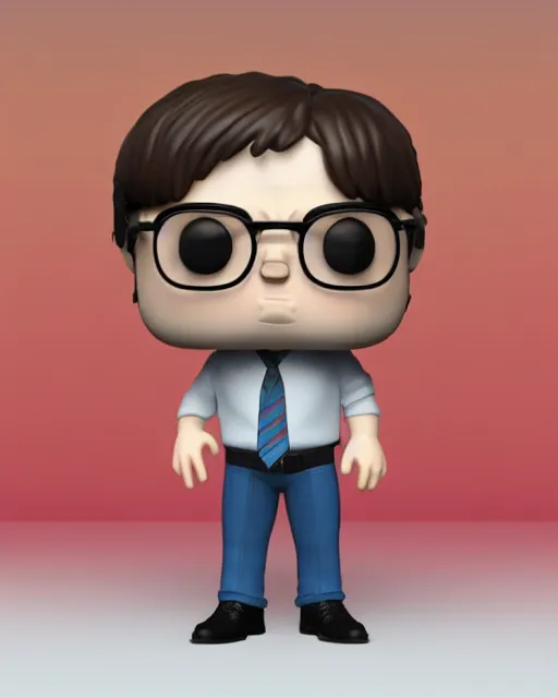 Image similar to full body 3d render of Dwight Schrute as a funko pop, studio lighting, white background, blender, trending on artstation, 8k, highly detailed