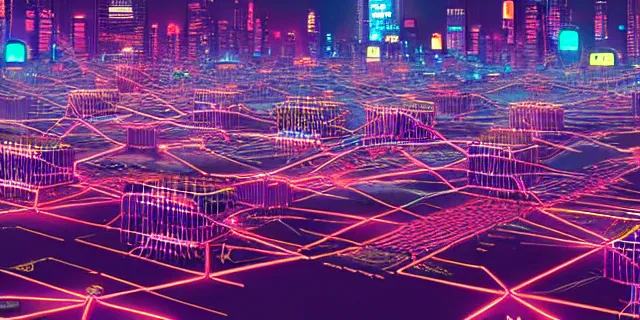 Image similar to glowing chains of interconnected network of technological cubes floating in the middle of a cyberpunk tokyo 2 0 9 9 city, in the art style of dan mumford and marc simonetii