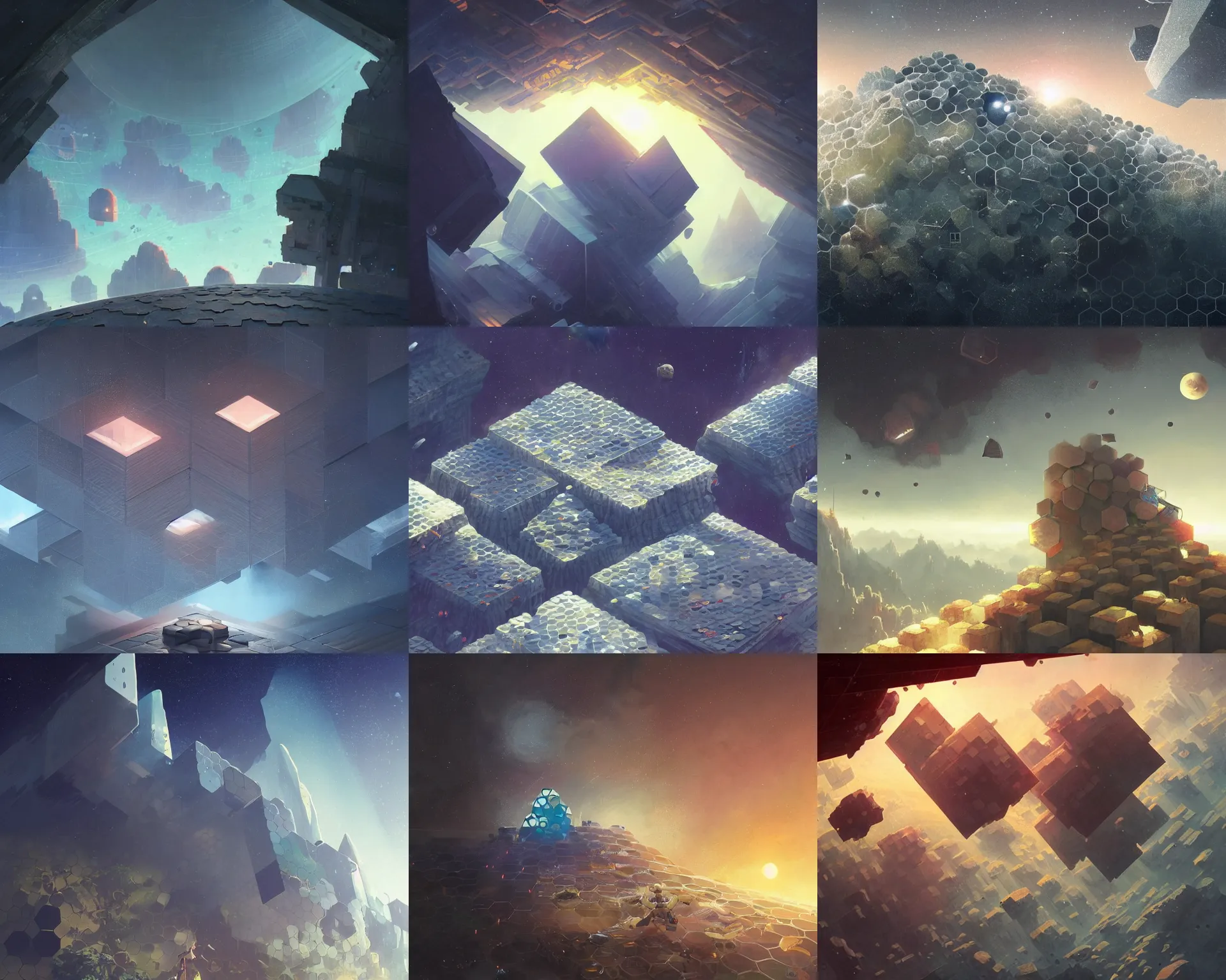 Prompt: hexagons in space with large walls coming from the ground and tarps hanging , magnificent, close up, details, sharp focus, elegant, highly detailed, illustration, by Jordan Grimmer and greg rutkowski and PiNe(パイネ) and 薯子Imoko and 香川悠作 and wlop and maya takamura, intricate, beautiful, Trending artstation, pixiv, digital Art