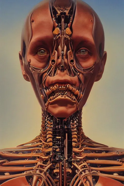 Image similar to beautiful oil painting portrait of biomechanical woman face connected to the machine by chesley bonestell, wayne barlowe, complex, stunning, realistic skin color, 4 k, high res, awardwinning, masterpiece, realistic lighting