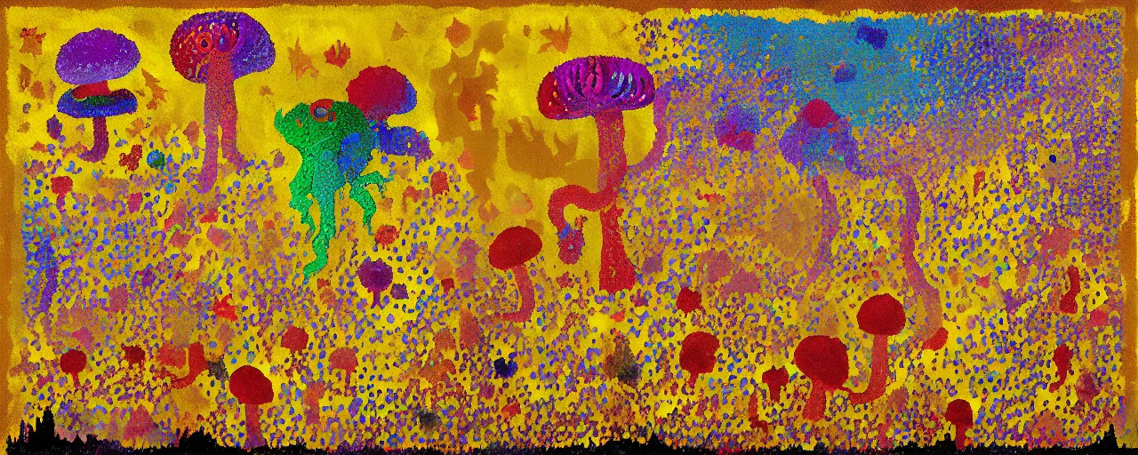 Image similar to pixel decollage painting golden armor alien zombie horseman riding on a crystal bone dragon broken rainbow diamond maggot horse in a blossoming meadow full of colorful mushrooms and golden foil toad blobs in a golden sunset, distant forest horizon, painted by Mark Rothko, Helen Frankenthaler, Danny Fox and Hilma af Klint, pixelated, neo expressionism, semi naive, pastel colors, cinematic, color field painting, cave painting, voxel, pop art look, outsider art, minimalistic. Bill Traylor painting, part by Philip Guston and Francis Bacon. art by Adrian Ghenie, very coherent symmetrical artwork, cinematic, hyper realism, high detail, octane render, unreal engine, Smooth gradients, depth of field, full body character drawing, extremely detailed, 8k, extreme detail, intricate detail, masterpiece