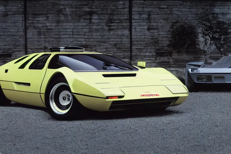 Prompt: designed by Giorgetto Giugiaro stylized poser of a single, in-frame, 1973 Miura Citroen DM BMW M1 (McLaren F1) DeLorean, thick neon lights, ektachrome photograph, volumetric lighting, f8 aperture, cinematic Eastman 5384 film