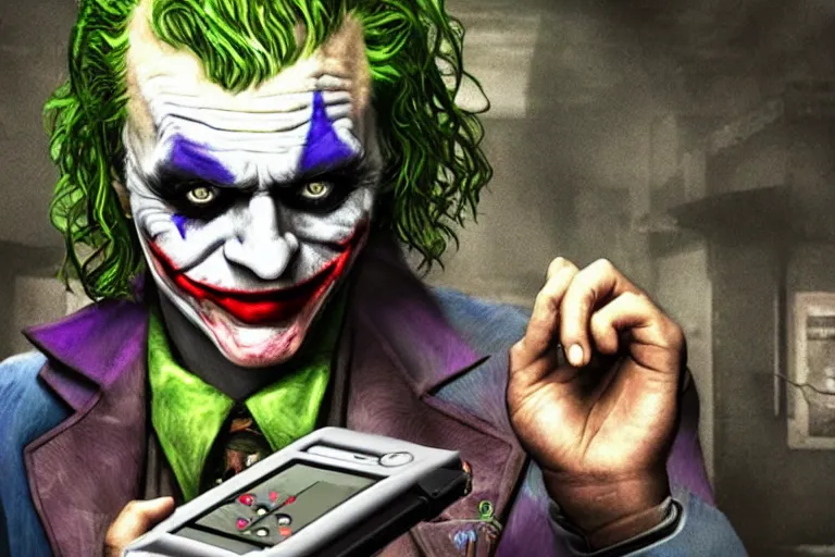 Prompt: a photo of the joker playing on a nintendo dsi in arkham asylum, photorealistic, dark cell background