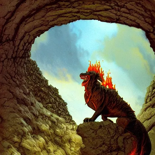 Prompt: Highly detailed oil painting of a fire hellhound on a narrow rock bridge, underground, intricate artwork by Angus McBride, John Howe, Matthew Stewart, Ted Nasmith, heroic fantasy