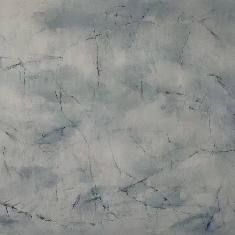 Prompt: An abstract painting using soft pale colours and milky texture contrasted by strong tortuous scratches and some simple shape, reminiscent of forests, hills and homes, influenced by Japanese minimalism, Xie Shiche, He Haixia and Wang Nanming.