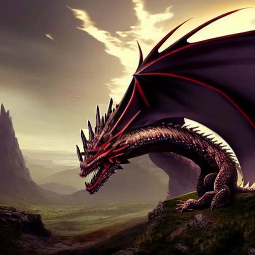 Image similar to a dragon wearing a saddle. Game of thrones. 4K. Rendered in unreal engine. Fantasy art. Digital painting. Matte painting. Beautiful sky. Volumetric light.