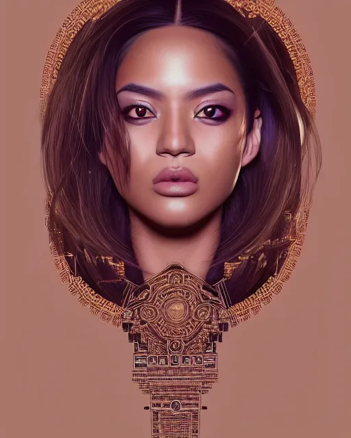 Image similar to ( ( portrait of tech goddess ) ), zoom, rule of thirds, atmosphere, intricate, regal, latinas, ( brown skin ), symmetrical!!, loreal, maybelline, sephora, loreal, artstation, art by artgerm and gonzalo ordonez arias, moody, concept art, filmic, vsco