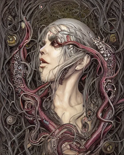 Prompt: centered beautiful detailed side view profile portrait of a insane, crazed, mad vampire old woman, ornate bleeding tentacles growing around, ornamentation, thorns, vines, tentacles, elegant, beautifully soft lit, full frame, by wayne barlowe, peter mohrbacher, kelly mckernan, h r giger