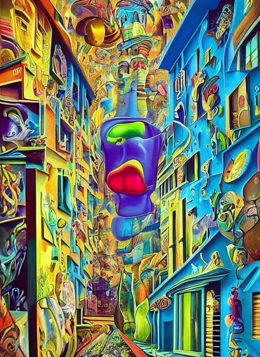 Prompt: an extremely high quality hd surrealism painting of a 3d galactic neon complimentary-colored cartoony surrealism melting optically illusiony city street by kandsky and salvia dali the second, salvador dali's much much much much more talented painter cousin, clear shapes, 8k, ultra realistic, super realistic