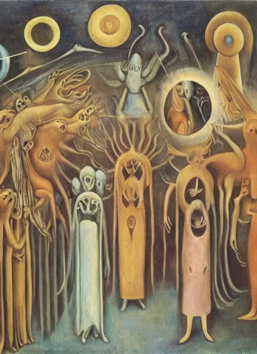 Prompt: a group of celestial beings communicating with weird machines by leonora carrington