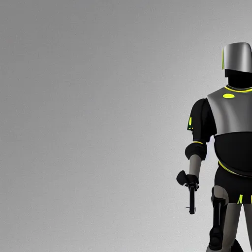 Image similar to a tall faceless security robot with dark grey and yellow armor holding a futuristic rifle