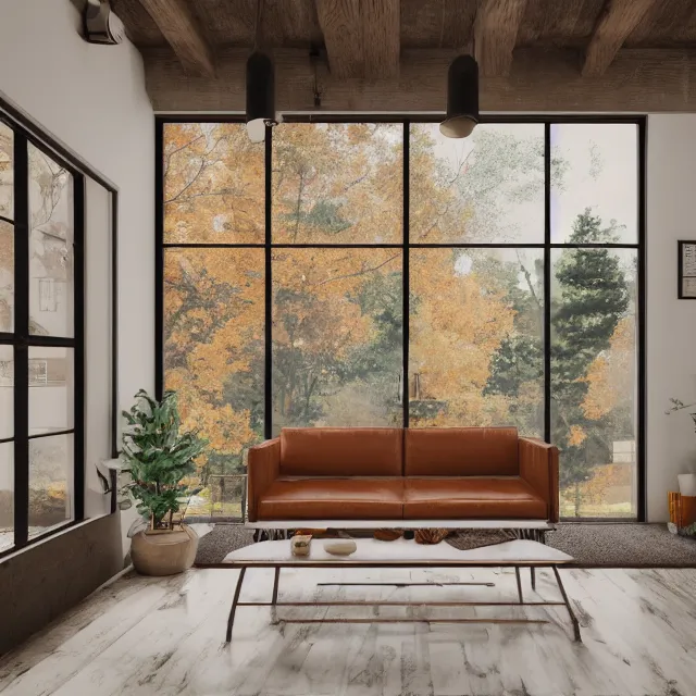 Image similar to post and beam a - frame interior, tall ceilings and loft, caramel leather couch, bookshelf, vintage refrigerator and kitchen, large window in back with fall foliage, many plants hanging, marble countertops, spiral staircase, realistic, unreal engine render, octane render, hyper realistic, photo, 8 k