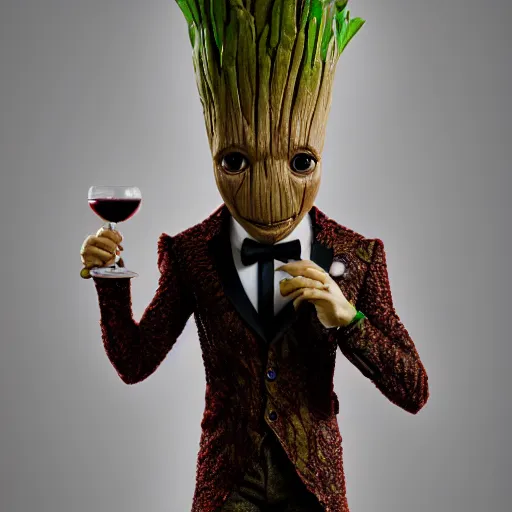 Image similar to realistic groot as a gentleman wearing tuxedo drinking wine on a studio shot, digital art, trending on artstation, behance, octane, intricate, ornate, photorealistic, hyper realism, high detail, movie shot, studio lighting, 8 k, vivid colors, smooth gradients, cinematic