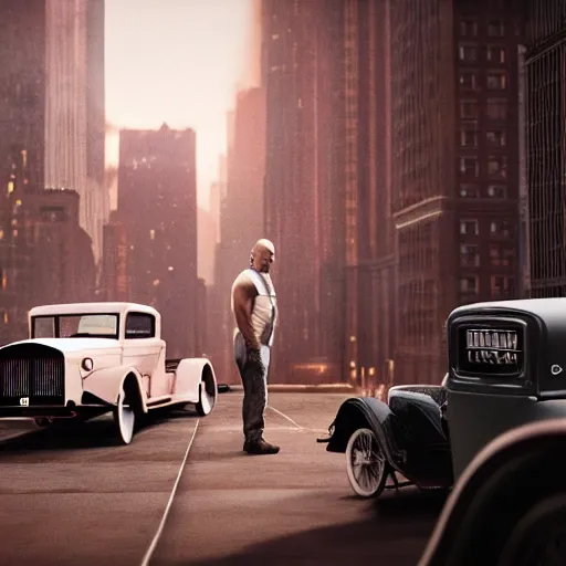 Image similar to very closeup photo of vin diesel as tommy angelo standing near ford model t, chicago 1 9 3 0, night, volumetric lighting, ultra realistic, highly detailed, cinematic, art by jan urschel and neil blevins