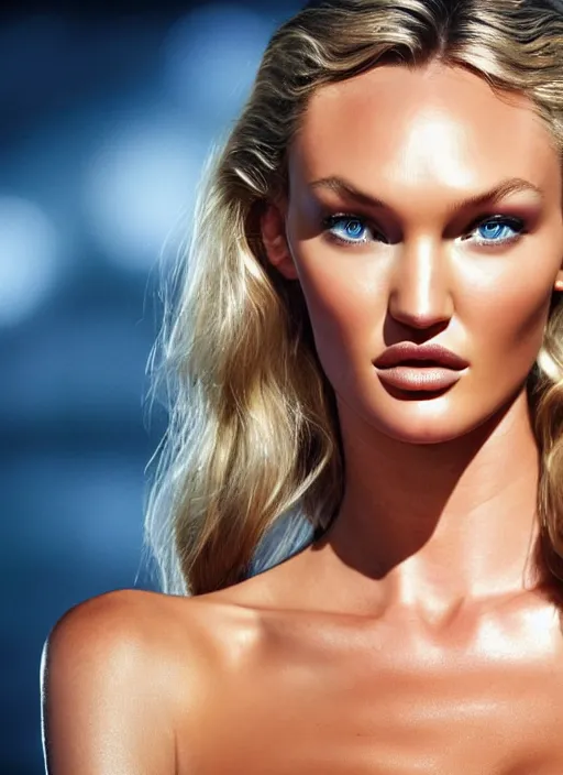 Image similar to portrait photo of a gorgeous young Candice Swanepoel as Bond Girl in James Bond movie, with intricate detailed in the style of stefan kostic realistic sharp, getty images, makeup by Pat McGrah