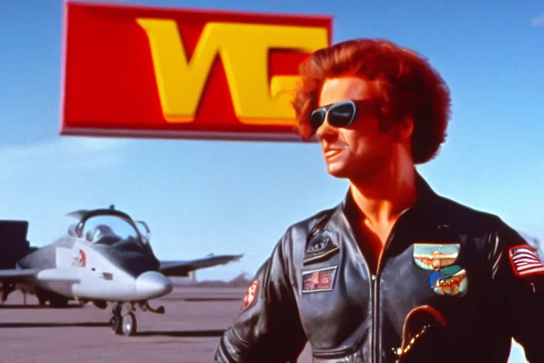 Prompt: ronald mcdonald in top gun ( 1 9 8 6 ), cinematic lighting, high contrast, 4 k hdr imax cinematography