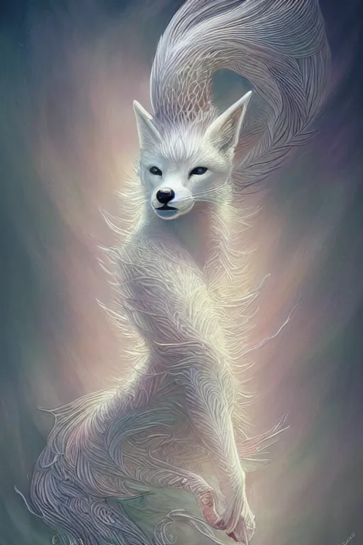 Image similar to complete and delicate portrait of a white nine - tailed fox, beautiful, agile, fairy, myth, legend, detailed, trending on artstatioin, light effects, kilian eng, john harris, bastien lecouffe - deharme