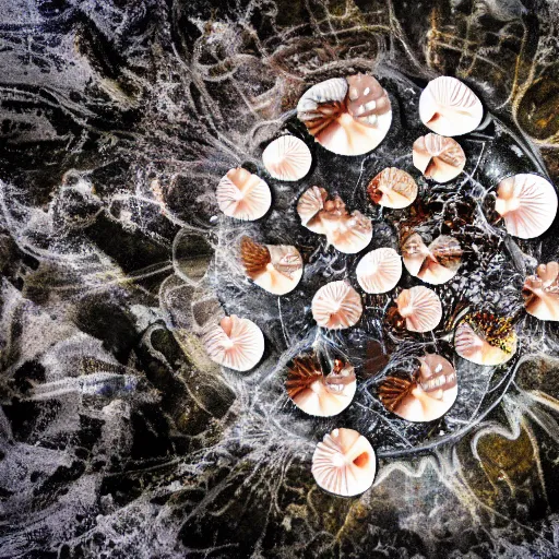 Prompt: a plate of scallops superimposed on a destroyed seabed zenith view
