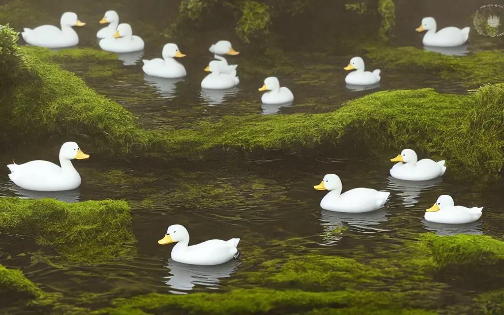 Image similar to a white duck swimming followed by small white and black ducks, in a pond surrounded by nature, moss, trees, rays of light, reflections, highly detailed, cinematic lighting, perfect composition, 4 k, gustave dore, derek zabrocki, greg rutkowski, belsinski, octane render