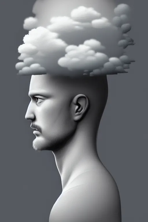 Image similar to of man with cloud head, in the style of tim smith, solarpunk, atmospheric, clean, intricate and epic composition, gray by caravaggio, insanely quality, highly detailed, masterpiece, white light, artstation, 4 k