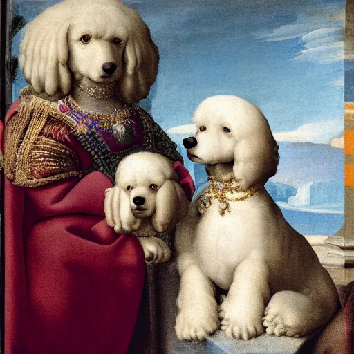 Image similar to portrait of a white poodle as an italian queen, painting by michelangelo