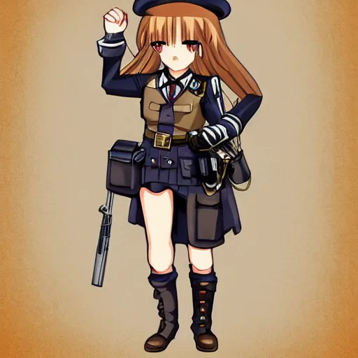 Image similar to steampunk police officer portrait, anime, anime girl, dirty blond, long hair, brown officer hat, finely detailed, smug,