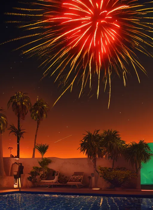 Prompt: 🌟🌜fireworks, Art Deco, in SANTORINI island, palm trees, crystal clear neon water, starry night, Trending artstation, octane render, cgsociety, surrealist, cinematic, shadow of the tomb rider