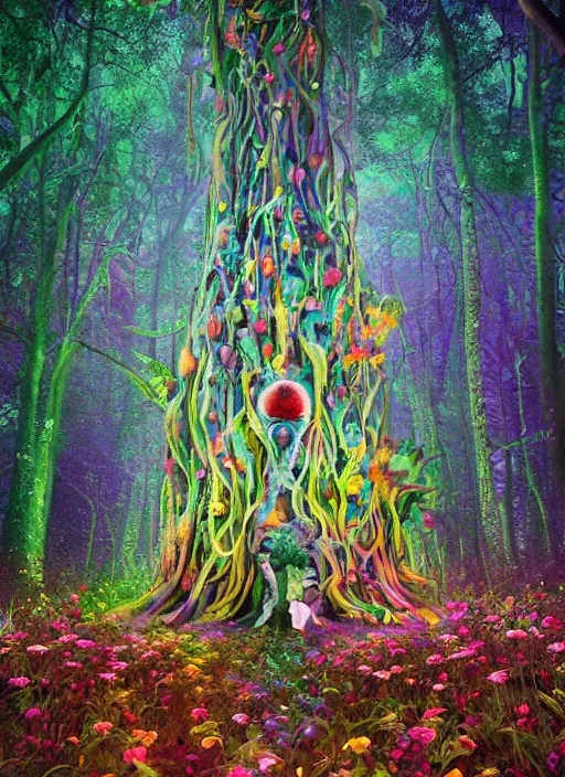 Image similar to a small psychedelic surreal horror giant made of multicolored psychotropic trees and flowers, magical creatures in the chaotic spirit forest, fulcolor octane reminder, cinematic, ultra - realistic, bizarre weird cosmic conceptual tribal art