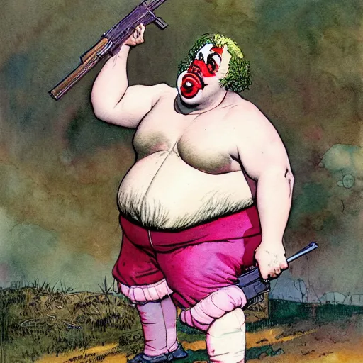 Prompt: a realistic and atmospheric watercolour fantasy character concept art portrait of a fat clown with pink eyes wearing a wife beater and holding a gun. by rebecca guay, michael kaluta, charles vess and jean moebius giraud