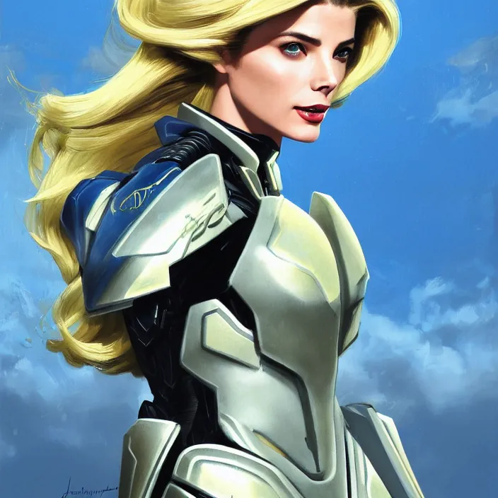 Image similar to A combination of Adriana Dxim's and Grace Kelly's and Ashley Greene's appearances with blonde hair wearing Interceptor's armor from Anthem, countryside, calm, fantasy character portrait, dynamic pose, above view, sunny day, thunder clouds in the sky, artwork by Jeremy Lipkin and Giuseppe Dangelico Pino and Michael Garmash and Rob Rey and Greg Manchess and Huang Guangjian, very coherent asymmetrical artwork, sharp edges, perfect face, simple form, 100mm