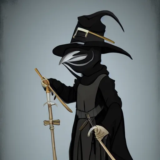 Prompt: Plague doctor with traditional beak mask and with her cane in hand, artstation trending