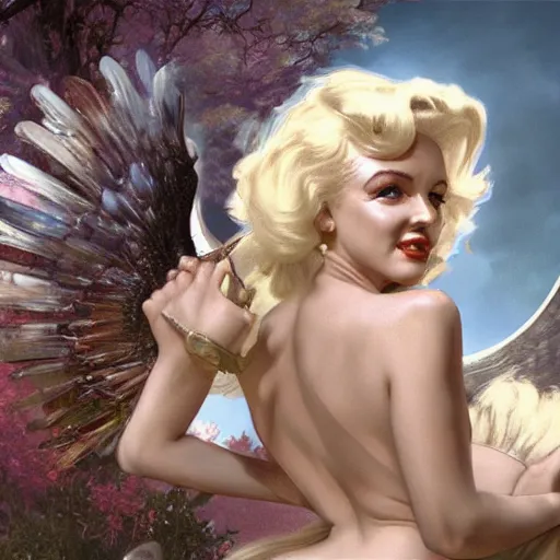 Prompt: an extremely detailed matte painting marilyn monroe as a terrifying valkyrie descending from valhalla on a pegasus, in the style of magic the gathering, 8 k, sharp focus, detailed face, art by greg rutkowski and alphonse mucha