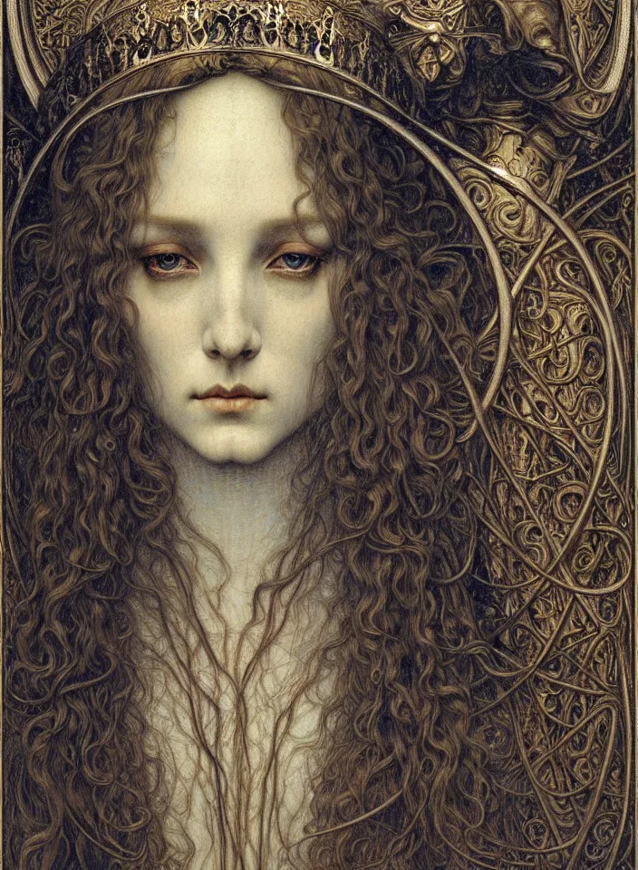 Image similar to detailed realistic beautiful young medieval queen face portrait by jean delville, gustave dore and marco mazzoni, art nouveau, symbolist, visionary, gothic, pre - raphaelite. horizontal symmetry