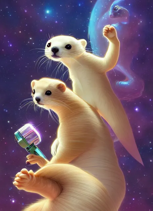 Image similar to cute intergalactic ferrets, natural lighting, path traced, highly detailed, high quality, digital painting, by don bluth and ross tran and studio ghibli and alphonse mucha, artgerm