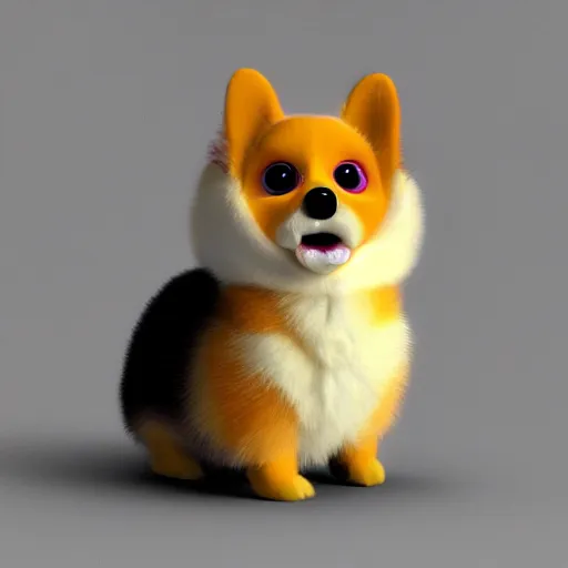 Image similar to an adorable toy corgi furby, 3 d render, cute, realistic, smooth