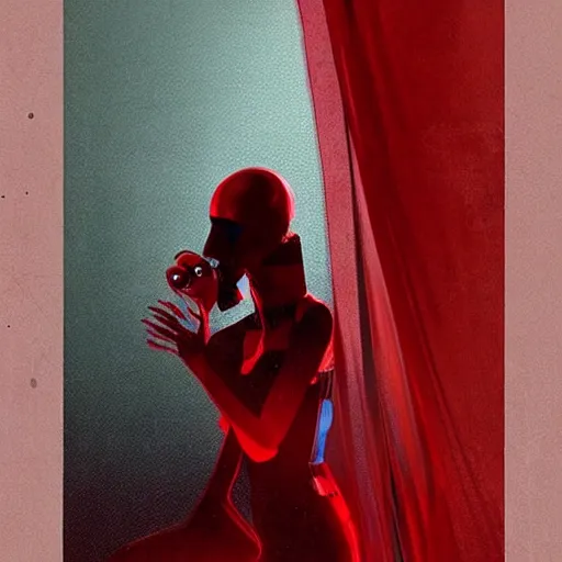 Image similar to pelham puppet behind red curtains by Conrad Roset and Nicola Samuri, medium shot, rule of thirds, seductive look, beautiful, intricate, dystopian, sci-fi, extremely detailed, digital painting, artstation, concept art, smooth, sharp focus, intimidating lighting, incredible art, details visible, very dark ambiance